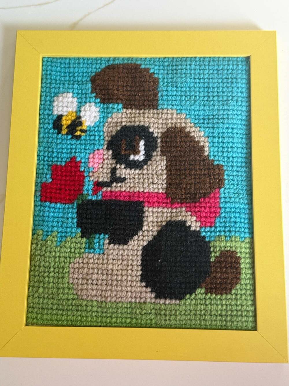 Vintage Framed Puppy Dog Needlepoint Art Retro Nursery Kids Room Kitsch Decor